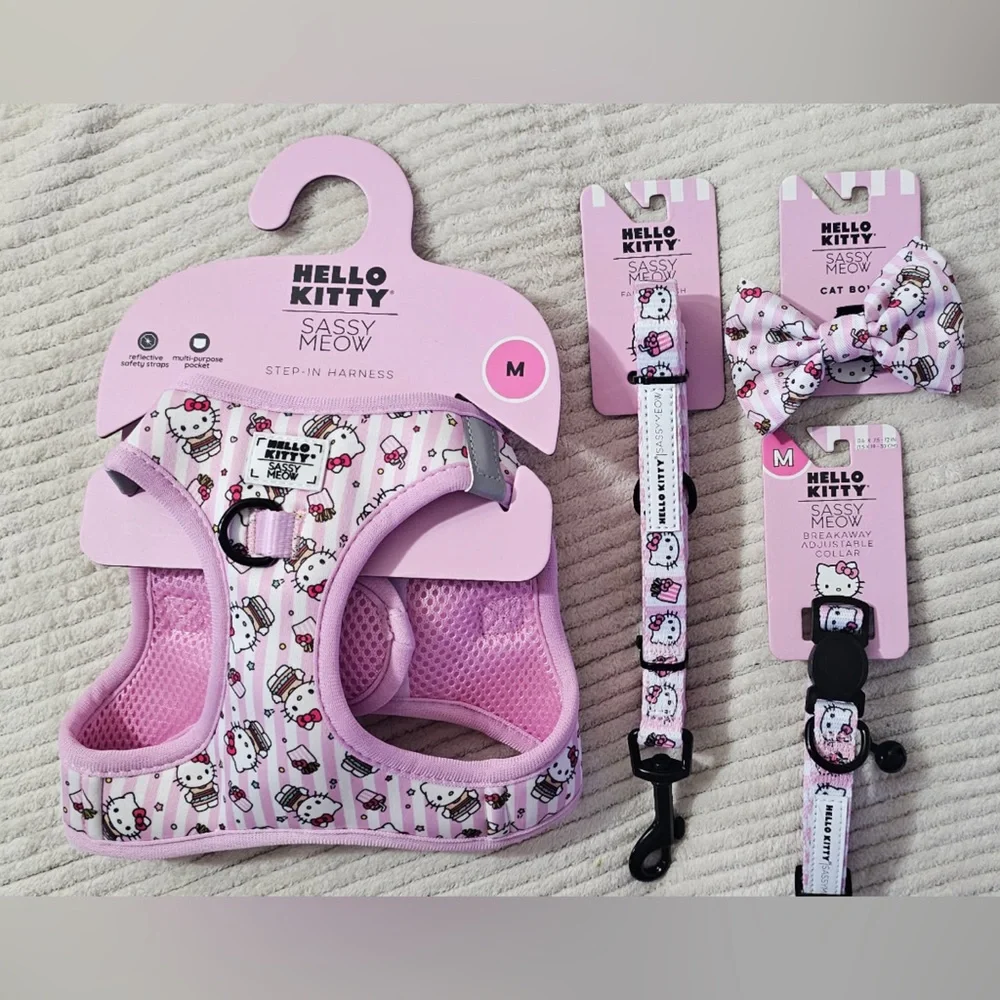 Sassy Meow Hello Kitty Pink Stripe Harness, Collar, Bow, Matching Leash (M)